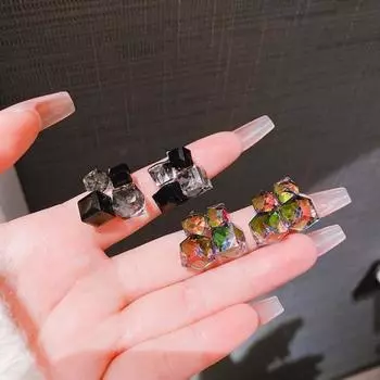 1 пара женских серег-гвоздиков с геометрическим трехмерным квадратом из искусственного кристалла, блестящие серьги-гвоздики, ювелирные изделия в подарок разноцветный