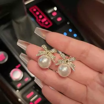 1 пара женских серег-гвоздиков, сверкающие стразы, искусственный жемчуг, бант, декор, серьги-капли, ювелирные изделия, подарок золотистый