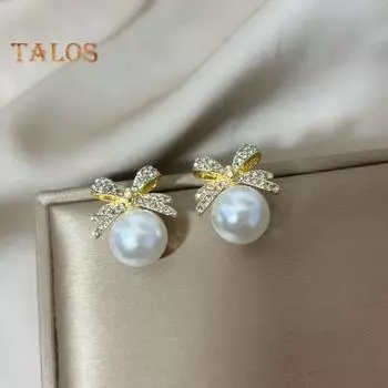 1 пара женских серег-гвоздиков, сверкающие стразы, искусственный жемчуг, бант, декор, серьги-капли, ювелирные изделия, подарок золотистый