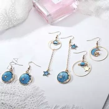 1 пара женских серег-капель с мультяшной луной, звездой, асимметричные ювелирные изделия, кулон с планетой, универсальные A