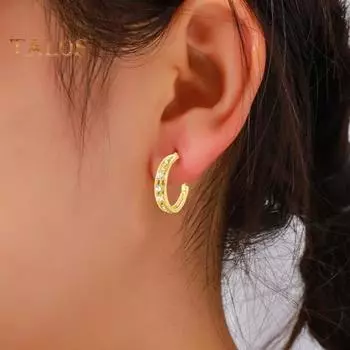 1 пара женских серег-кольцев, инкрустированные стразами, полые серьги C-образной формы, изысканные легкие серьги, ювелирные изделия, подарок серебряный