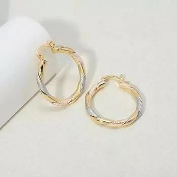 1 пара женских серег-колец медного контрастного цвета с витой текстурой, полированные, легкие