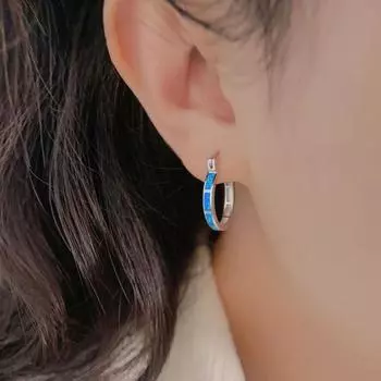 1 пара женских серег-колец с искусственным лунным камнем, геометрической круглой формы, легкие синий