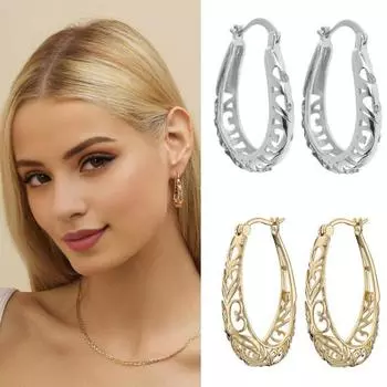 1 пара женских серег-колец U-образной формы с ажурным цветочным узором в американском преувеличенном стиле, висячие золотистый