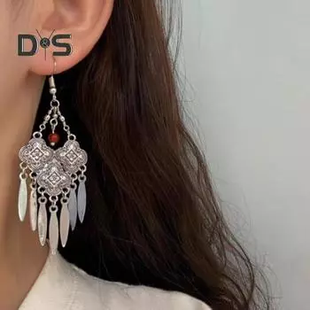 1 пара женских серег-крючков, полые серьги из искусственной бирюзы в богемном стиле с кисточками в стиле ретро, этнические вечерние серьги-подвески, длинные висячие серьги красный