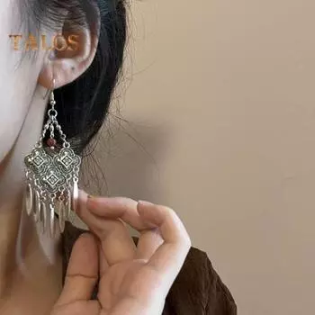 1 пара женских серег-крючков, полые серьги из искусственной бирюзы в богемном стиле с кисточками в стиле ретро, этнические вечерние серьги-подвески, длинные висячие серьги красный