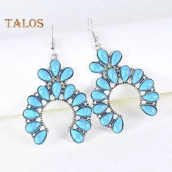 1 пара женских серег-крючков, ретро геометрические преувеличенные легкие искусственные бирюзовые украшения для ушей, вечерние подвесные серьги, висячие серьги синий