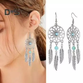 1 пара женских серег-крючков с выдолбленными перьями круглой формы в стиле ретро, богемный стиль, бусины из нержавеющей сплава, украшения для ушей, ювелирные изделия, длинные висячие серьги синий