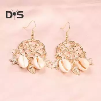 1 пара женских серег-крючков, серьги-звездочки, ракушки, ажурная форма «Ловец снов», сплошной цвет, гальваническое покрытие, антиаллергенные легкие украшения для ушей, ювелирные изделия золотистый