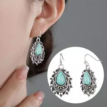 1 пара женских серег-крючков в стиле ретро с гравировкой, дизайн в стиле бохо, искусственная бирюза, висячие серьги, винтажные серьги в этническом стиле, ювелирные изделия, подарок синий
