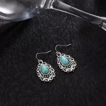 1 пара женских серег-крючков в стиле ретро с гравировкой, дизайн в стиле бохо, искусственная бирюза, висячие серьги, винтажные серьги в этническом стиле, ювелирные изделия, подарок синий