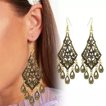 1 пара женских серег-крючков, винтажные серьги с кисточками, резные цветочные капли в форме капли, богемные украшения для ушей, ювелирные изделия, серьги для отдыха, подвесные серьги античный бронзовый