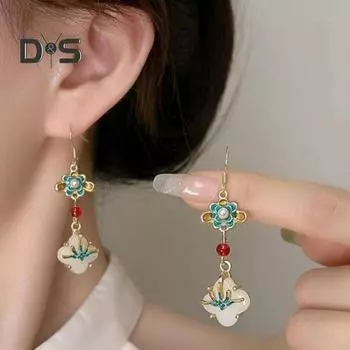 1 пара женских серег-крючков, винтажные серьги в китайском стиле с каплями воды, искусственный жемчуг, цветок ханьфу, висячие серьги, украшения для ушей белый