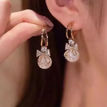 1 пара женских серег-подвесок с бантом, блестящие стразы, роскошные симметричные украшения для ушей из нержавеющей стали, гладкие