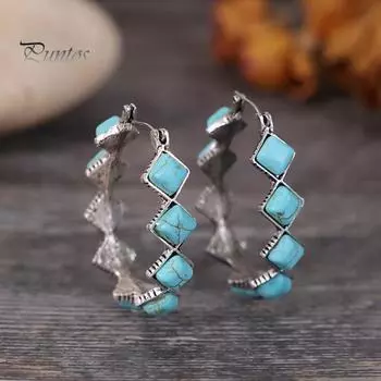 1 пара женских серег преувеличенной U-образной формы, натуральный камень, этнический стиль, богемный ромб, эффектные серьги из искусственной бирюзы, модные украшения серебряный
