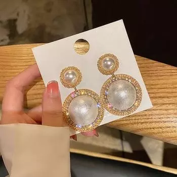 1 пара женских серег с большим искусственным жемчугом и стразами, гальванические серьги-гвоздики в корейском стиле