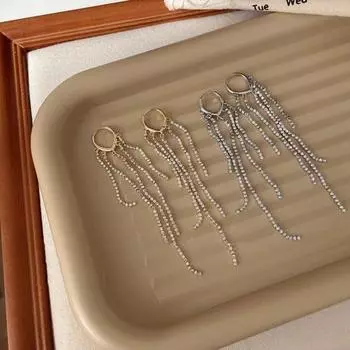 1 пара женских серег с кисточками и стразами, ювелирные изделия, блестящие длинные серьги, аксессуары золотистый