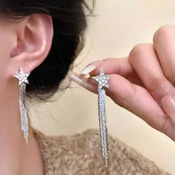 1 пара женских серег с кисточками в форме звезды, стразы с бахромой, гальванические однотонные украшения для ушей, женские серьги для выпускного вечера, коктейльные вечерние, висячие серьги серебряный