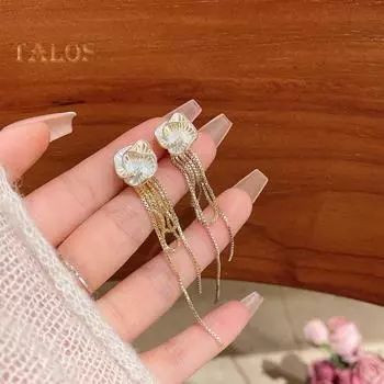 1 пара женских серег с подвеской-кисточкой «Камелия» со стразами, полированные цветочные висячие серьги из сплава для выпускного вечера, свиданий, вечеринок, ушей золотистый