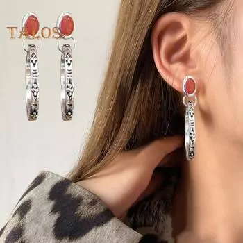 1 пара женских серег в стиле бохо, искусственная бирюза, винтажный стиль, ювелирные изделия, искусственный агат, гравировка, круглые серьги-кольца, выпускные серьги для путешествий красный