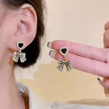 1 пара женских серег во французском стиле с сердечками, сверкающие серьги-гвоздики в стиле ретро с бантом и кисточками