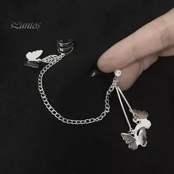 1 пара женских сережек-бабочек, крутые серьги серебристого цвета в стиле панк, звенья цепи, серьги-клипсы для хряща, модные ювелирные изделия, подарок серебряный