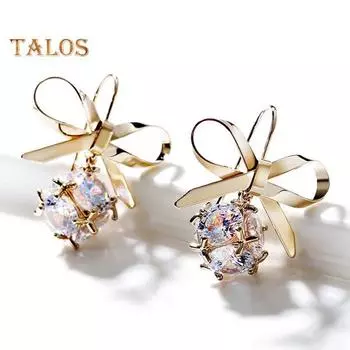 1 пара женских сережек-бантиков, серьги-кольца из полированного сплава с кубическим цирконием, серьги-подвески для свадебного коктейля, вечеринки, выпускного вечера, украшения для ушей светло-желтого