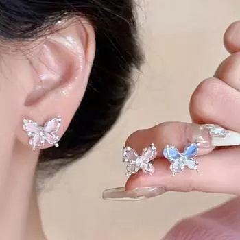 1 пара женских сережек-гвоздиков, двухслойные, 3D, бабочка, искусственный опал, полированные, противоскользящие розовый