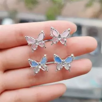 1 пара женских сережек-гвоздиков, двухслойные, 3D, бабочка, искусственный опал, полированные, противоскользящие розовый