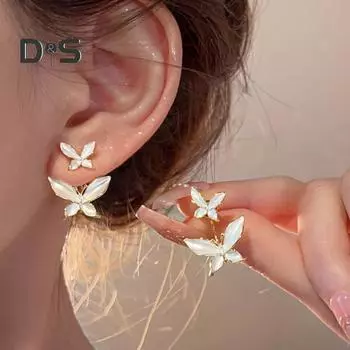 1 пара женских сережек-гвоздиков с белой бабочкой, гипоаллергенные, легкие, двойные бабочки, серьги из металла для девочек, модные ювелирные аксессуары золотистый