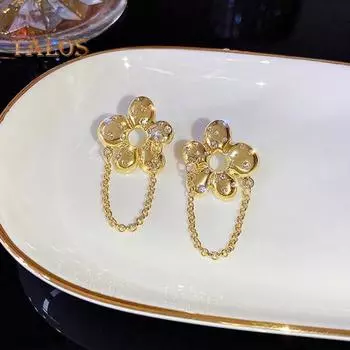 1 пара женских сережек-гвоздиков с полыми цветочными кисточками и цепочкой в стиле ретро со стразами, висячие серьги для выпускного вечера, свадьбы, украшения для ушей золотистый