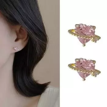 1 пара женских сережек-гвоздиков с розовыми стразами в форме сердца и стрелы, гладкие