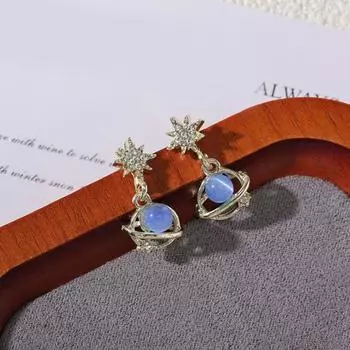 1 пара женских сережек-гвоздиков с синим искусственным опалом и стразами в форме луны и звезды, украшение в виде банта, подарок на день рождения, серьги-гвоздики для выпускного вечера, свиданий, вечеринок, женские украшения для ушей C