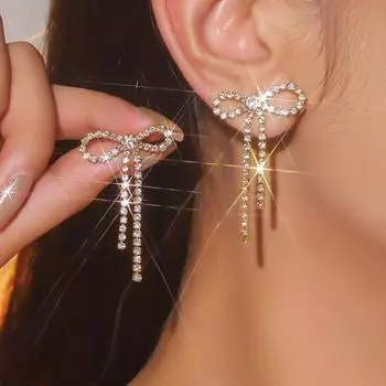 1 пара женских сережек-гвоздиков, серьги-бантики со стразами, длинные серьги-бантики с кисточками, ювелирные аксессуары золотистый