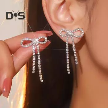 1 пара женских сережек-гвоздиков, серьги-бантики со стразами, длинные серьги-бантики с кисточками, ювелирные аксессуары серебряный