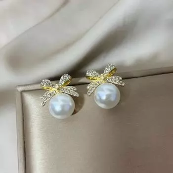 1 пара женских сережек-гвоздиков, сверкающие стразы, искусственный жемчуг, бант, декор, падение золотистый