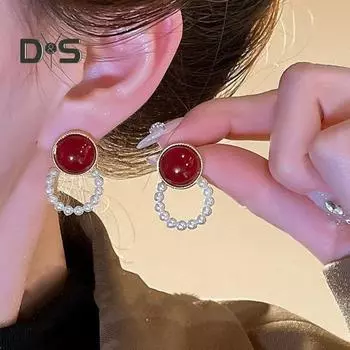 1 пара женских сережек-гвоздиков в стиле ретро, винно-красные серьги-гвоздики с искусственным жемчугом, для торжественного выпускного вечера, коктейльной вечеринки, свадьбы, украшения для ушей красный