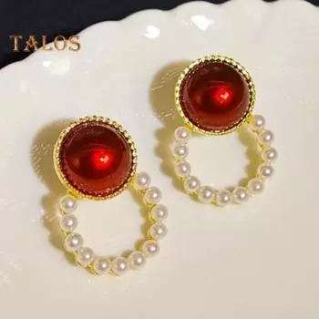 1 пара женских сережек-гвоздиков в стиле ретро, винно-красные серьги-гвоздики с искусственным жемчугом, для торжественного выпускного вечера, коктейльной вечеринки, свадьбы, украшения для ушей красный