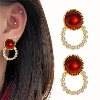 1 пара женских сережек-гвоздиков в стиле ретро цвета красного вина с искусственным жемчугом