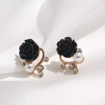 1 пара женских сережек из искусственного жемчуга, сверкающие стразы, инкрустированные изысканным цветком черной розы, серьги-гвоздики, ювелирные аксессуары чёрный