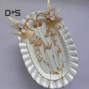 1 пара женских сережек, каффы для ушей в виде сказочного плавника русалки, украшение в виде крыла бабочки на Хэллоуин, Рождество, косплей, свадьбы, украшения для ушей, крылышки феи золотистый