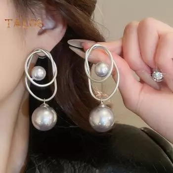 1 пара женских сережек-капель, геометрические круглые шарики, искусственный жемчуг, висячие серьги, эффектные украшения серый