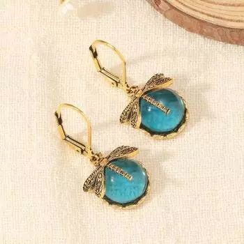 1 пара женских сережек-капель со стрекозой и искусственным кристаллом в богемном стиле жёлтый/зелёный