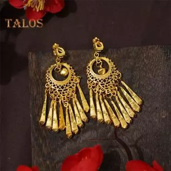 1 пара женских сережек-клипс с ажурным декором из страз, кисточками в стиле ретро и этнических богемных украшений, не требующих пирсинга, для вечеринок и выступлений A