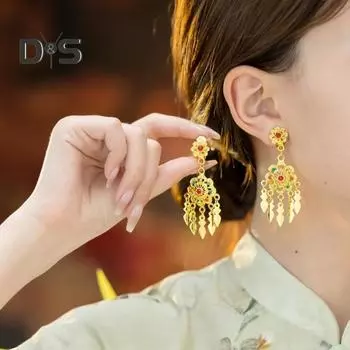 1 пара женских сережек-клипс с ажурным декором из страз, кисточками в стиле ретро и этнических богемных украшений, не требующих пирсинга, для вечеринок и выступлений A