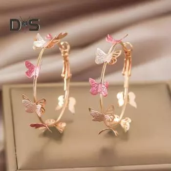 1 пара женских сережек-колец, двухслойные ажурные серьги-бабочки, серьги-клипсы, украшения для выпускного вечера розовый