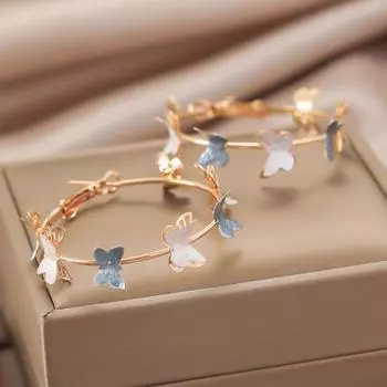 1 пара женских сережек-колец, двухслойные серьги-бабочки, ажурные, с застежкой-клипсой синий