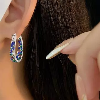 1 пара женских сережек-колец с цветными стразами, большие круглые геометрические висячие серьги синий