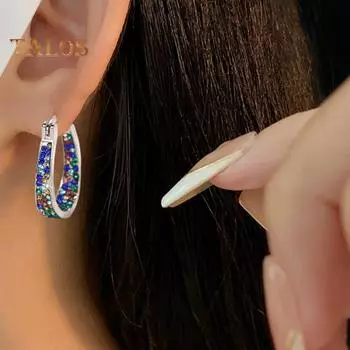 1 пара женских сережек-колец с цветными стразами, большие круглые геометрические висячие серьги, украшения из сплава для ежедневного выпускного вечера синий