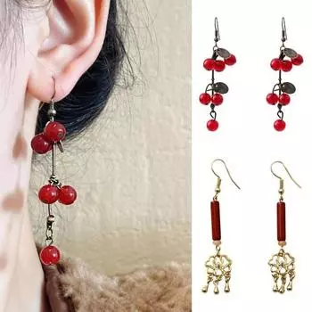 1 пара женских сережек-крючков из бисера, винтажный китайский стиль Ципао в стиле ханьфу и длинные парные серьги с кисточками, висячие золотистый/красный